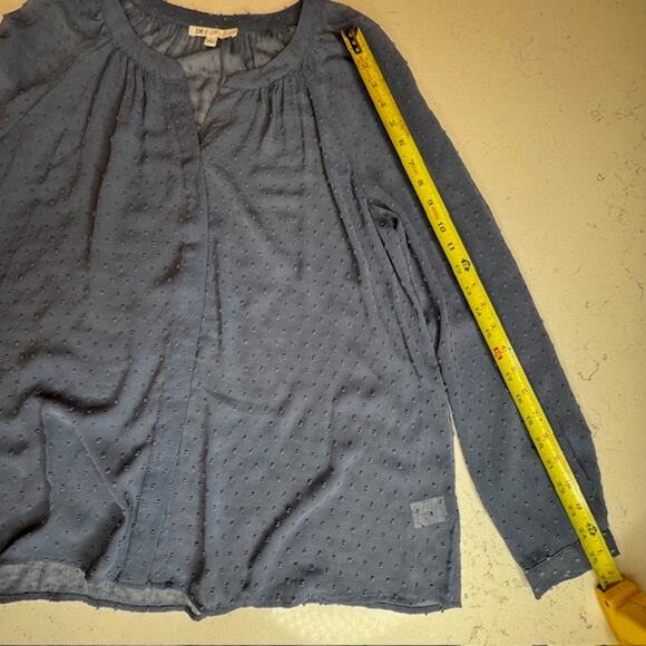 DR2 Blue Chiffon Clip Dot Sheer Button Front Blouse Sz Large - Picture 9 of 11